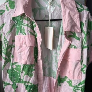 Pink and Green Leaf Print Shirt